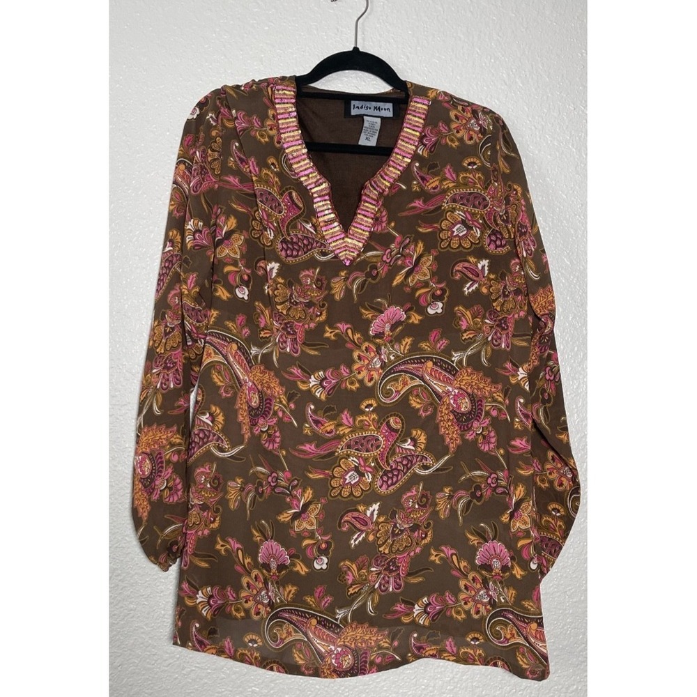 Indigo Moon Sheer Blouse with Tank Top Women's XL Multicolor Beaded V Neck